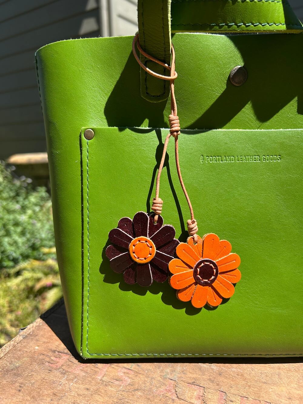 Genuine Leather Brown Orange Daisy Bag Charm Flowers Purse Charm